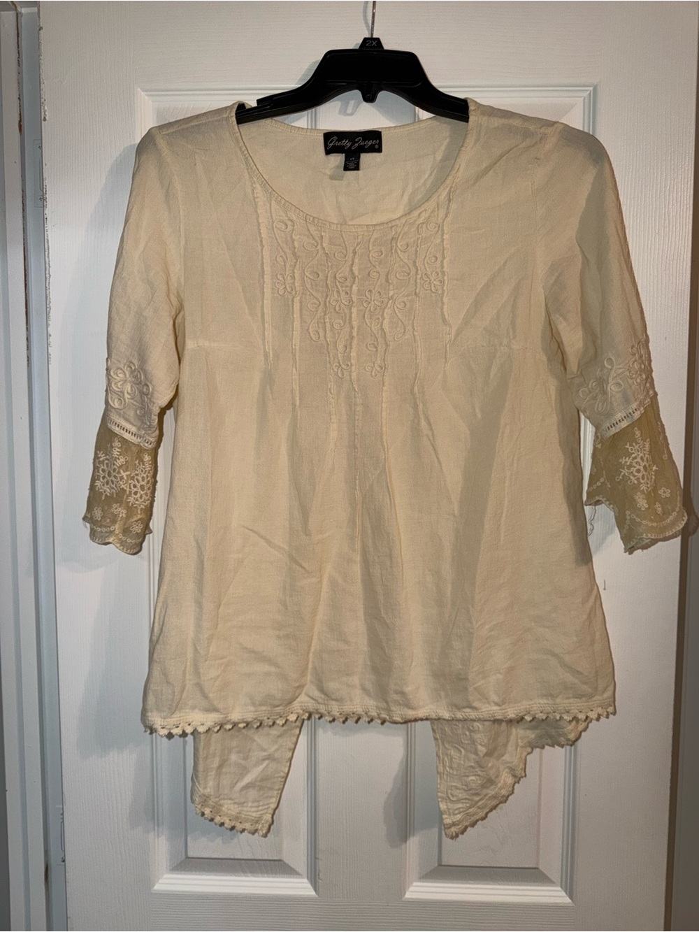 Gretty Zueger Cream Cotton Embroidered Lace Peasant Blouse XS Y2K
